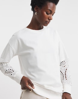 Pure Cotton White Broderie Sleeve Sweatshirt
