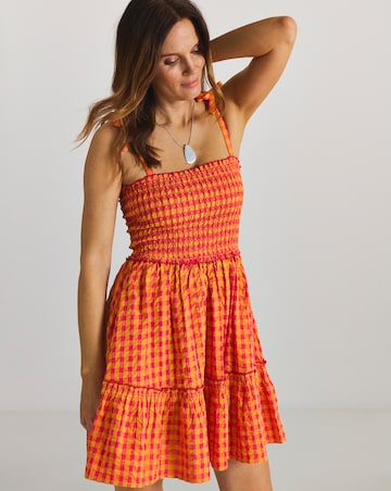 Pink Gingham Shirred Mini Beach Dress