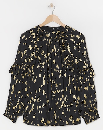 Womens Satin High Neck Ruffle Detail Raglan Sleeve Blouse - Gold Foil Print