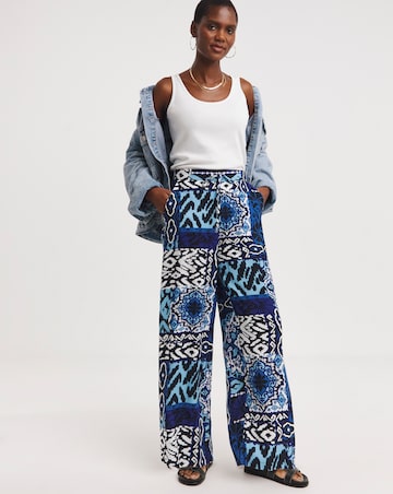 Blue Printed Spun Viscose Pull On Wide Leg Trousers