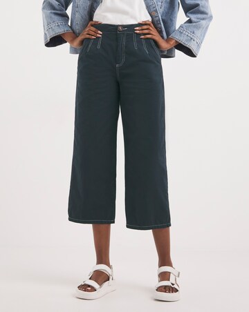 Navy Wide Leg Crop Carpenter Trousers With Contrast Stitch