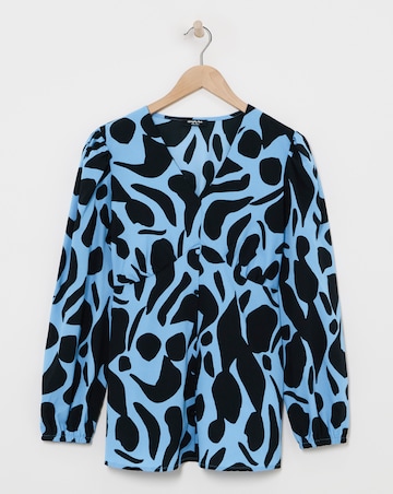 Blue Print Mock Button Blouse