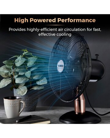 Tower 12 Black & Rose Gold Cavaletto Metal Desk Fan