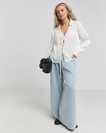 Satin Tie Front Long Sleeve Shirt