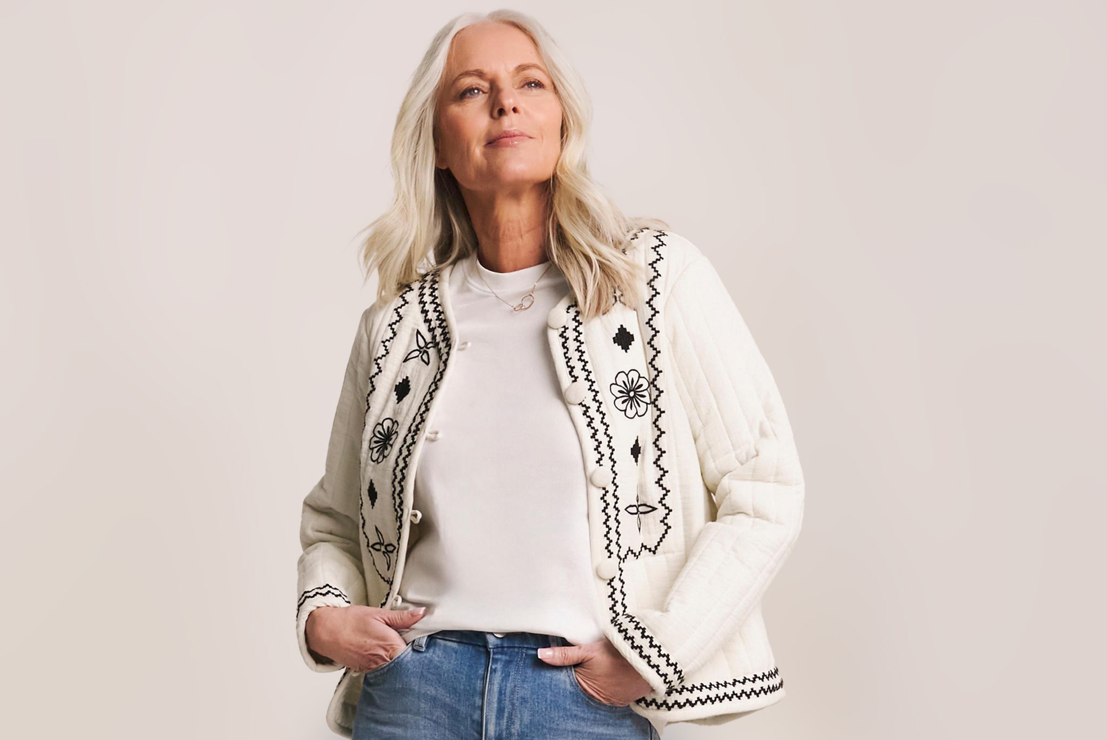 Model wearing a Julipa Cheesecloth Embroidered Jacket