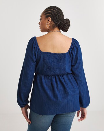 Navy Blue Textured Long Sleeve Sweetheart Neck Blouse