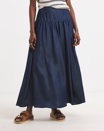 Dark Blue Pull On Tiered Lyocell Denim Maxi Skirt