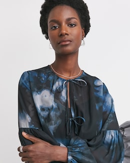 Womens Georgette Tie Detail Collarless Blouse - Abstract Print