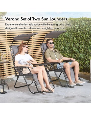 VonHaus Verona Grey Zero Gravity Reclining Garden Chairs with Canopy - Set of 2
