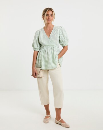 Puff Sleeve Sage Gingham Wrap Top