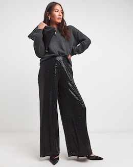 Black Sequin Stretch Pull On Palazzo Trousers