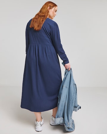 Navy Waffle Button up Midi Dress With Pockets