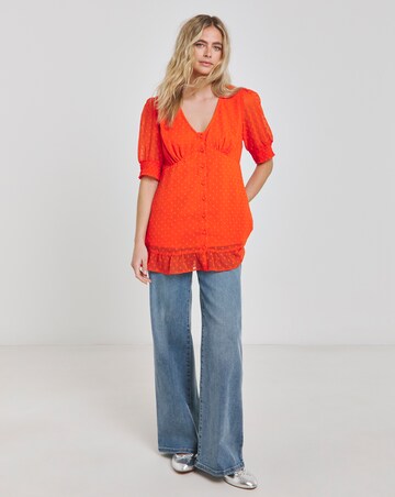 Red Dobby Short Sleeve Button Through Blouse with Frill Hem