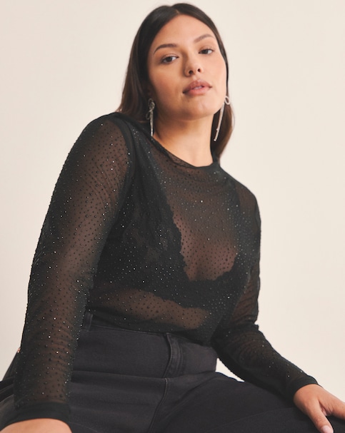 Black High Neck Hot Fix Mesh Top