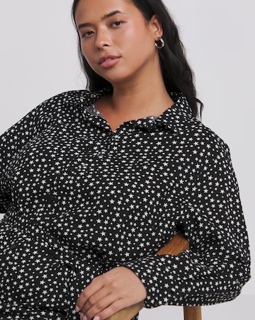 Star Print Long Sleeve Shirt Dress With Tie Belt