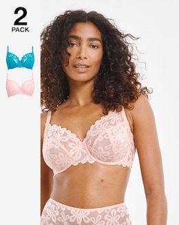 Pretty Secrets (2 Pack) Daisy Lace Full Cup Bras (B-G) Blue/Pink