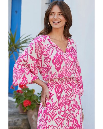 Sosandar Pink & White Aztec Print Tie Neck Dress