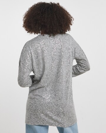 Grey Marl Sequin Knit Look Long Sleeve Split Hem Tunic