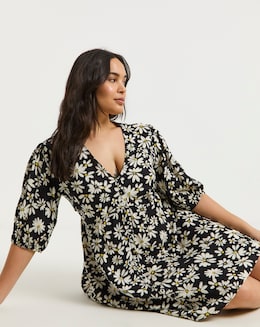 Simply Be Daisy Print Button Through Viscose Skater Dress