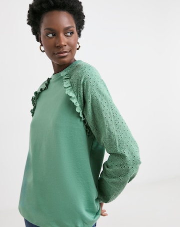 Pure Cotton Teal Broderie Sleeve Frill Detail Sweat