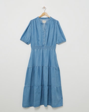 Blue Shirred Bodice Tiered Midi Dress