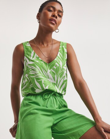 Green Print V Neck Woven Vest