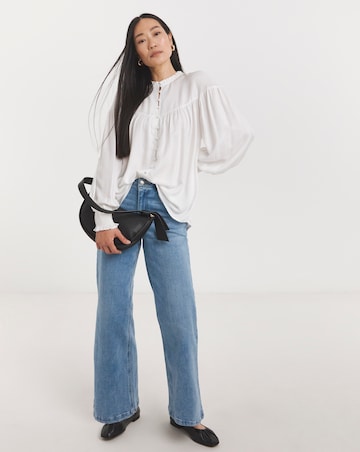 Womens Twill Collarless Blouson Sleeve Blouse- Ivory