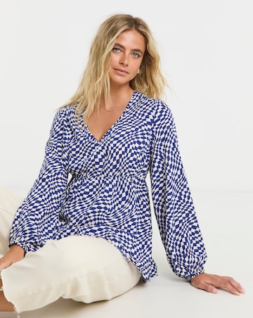 Checkerboard Long Sleeve V Neck Smock Top