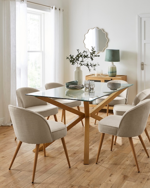 Bodie Oak 6 Seater Dining Table with 6 Emilie Fabric Chairs