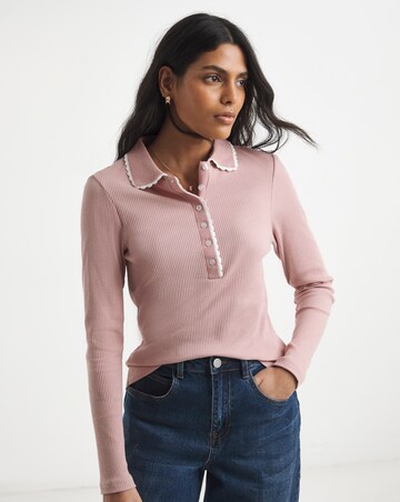 Simply Be Ivory Contrast Scallop Trim Polo Top