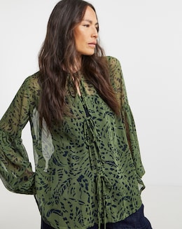 Womens Georgette Tie Detail Collarless Blouse - Khaki Print