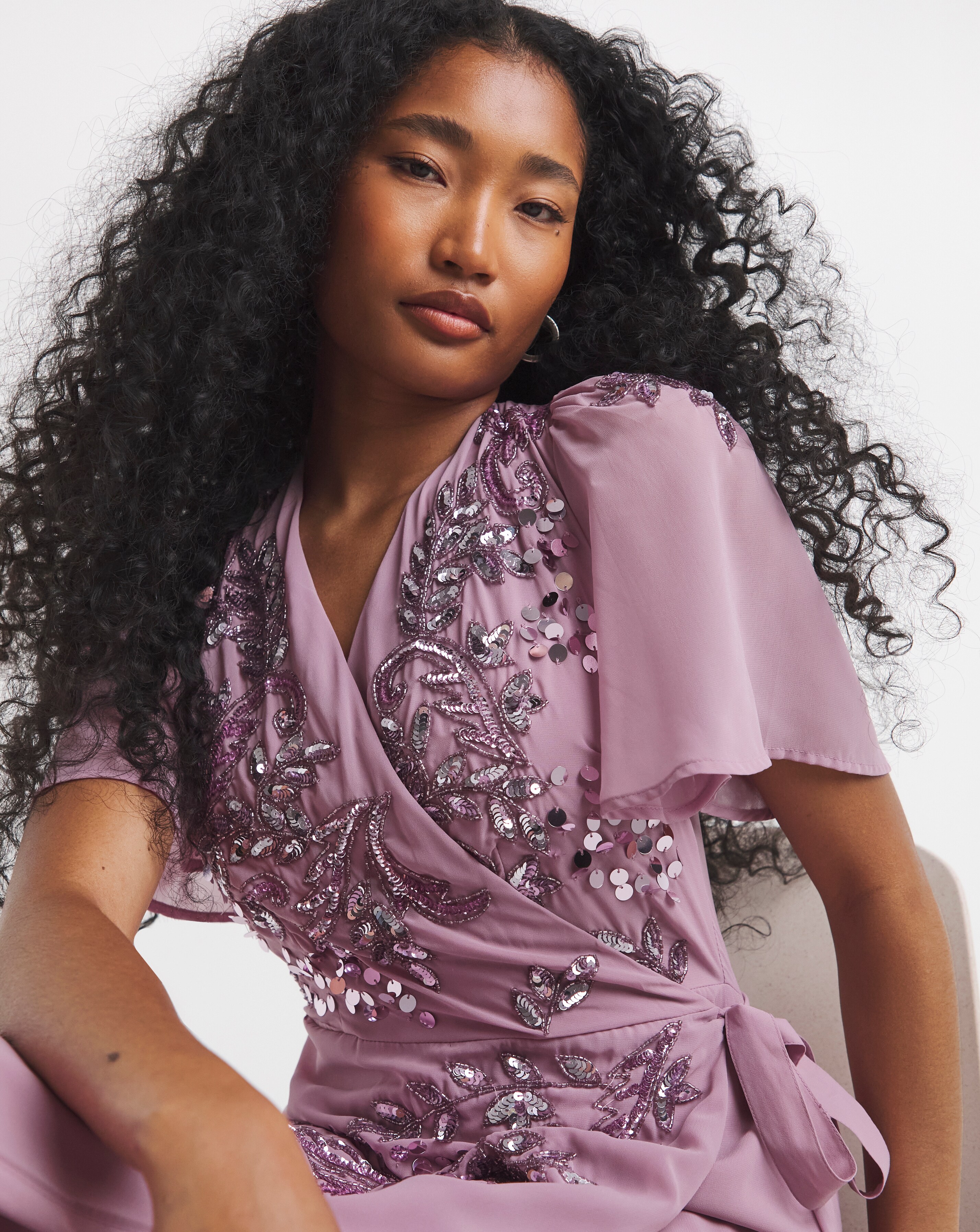 Maya Curve Embellished Flutter Sleeve Maxi Dress | Ambrose Wilson