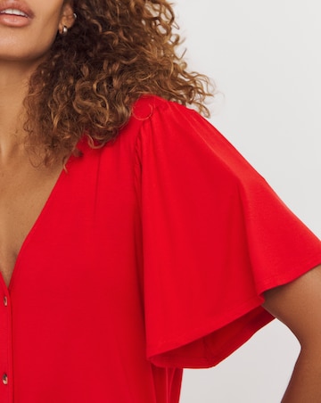 Red Button Front Angel Sleeve Top