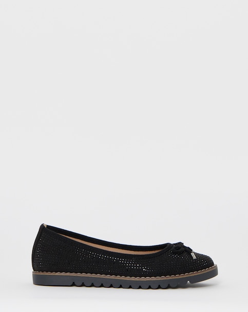 Cushion Walk Black Bow Detail Boucle Ballerinas - Wide Fit (E)