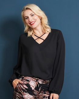 Black Cross Front Long Sleeve Top