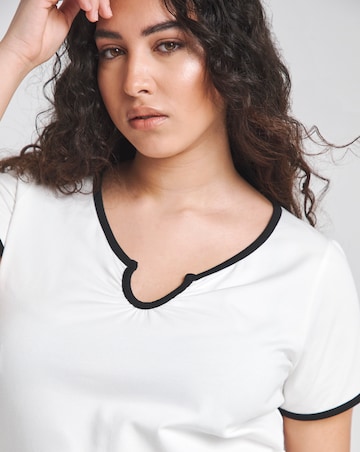 White & Black Contrast Trim Notch Neck T-Shirt