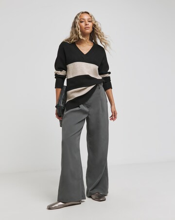 Black And Oatmeal Stripe Slouchy V Neck Longline Jumper