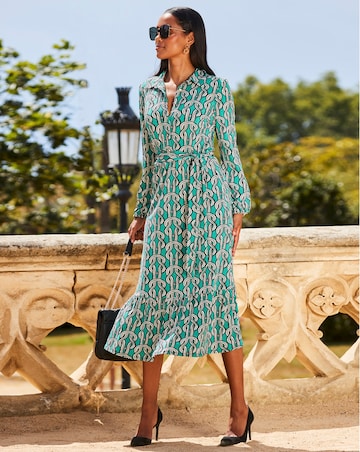 Sosandar Green Chain Print Jersey Ruffle Hem Midi Shirt Dress