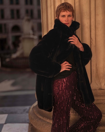 Black Plush Faux Fur Coat