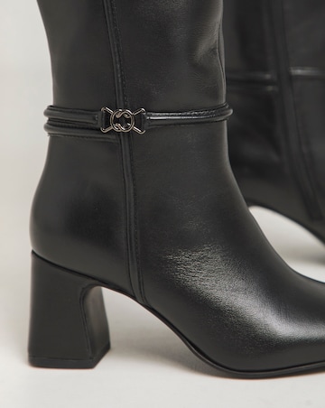 Lainey Leather Knee High Heeled Boots with Trim Wide E Fit Super Curvy Calf