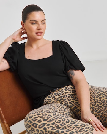 Simply Be Black Square Neck Puff Sleeve Rib T-Shirt