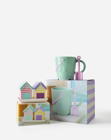 Pastel Bucket Mug with Spade Spoon and Beach Hut Salt & Pepper Shakers bundle