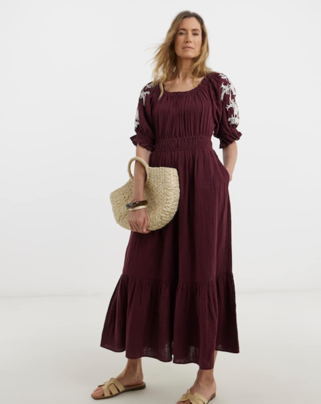 white smocked dress Ivory Smocked Top 3/4 Sleeve Midi Dress main image 1