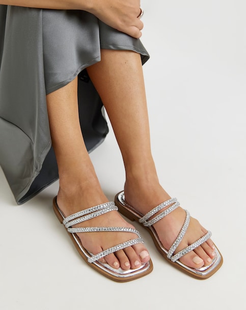 Daffodil Sparkly Asymmetric Flat Mule Sandals - Wide Fit (E)