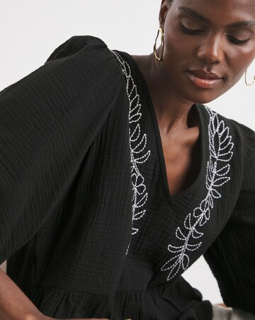 Embroidered Pure Cotton Textured Short Sleeve Smock Top