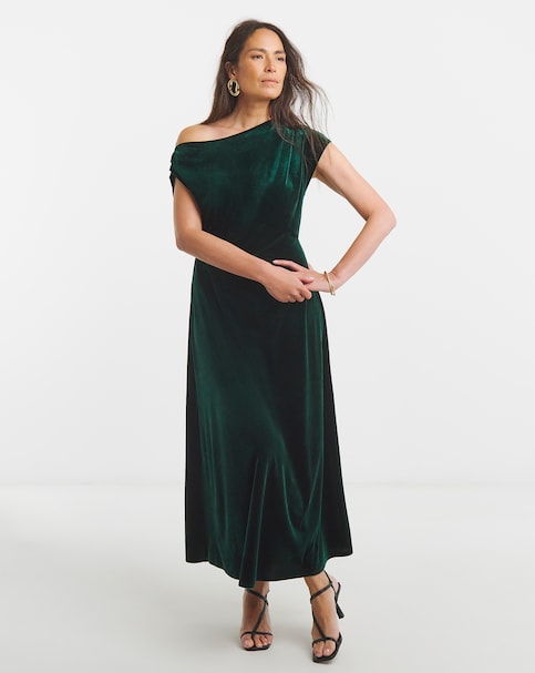 Velvet Asymmetric Neckline Midi Dress