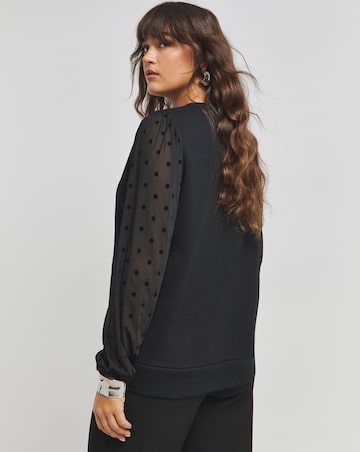 Black Velour Spot Mesh Sleeve Sweatshirt