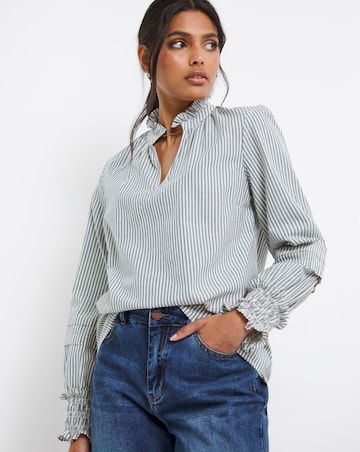 Blue Stripe Pleat Three Quarter Sleeve Blouse