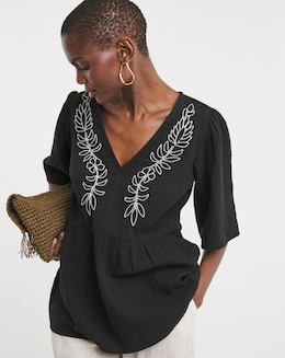 Embroidered Pure Cotton Textured Short Sleeve Smock Top