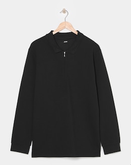 Long Sleeve Textured Jersey Polo- Black